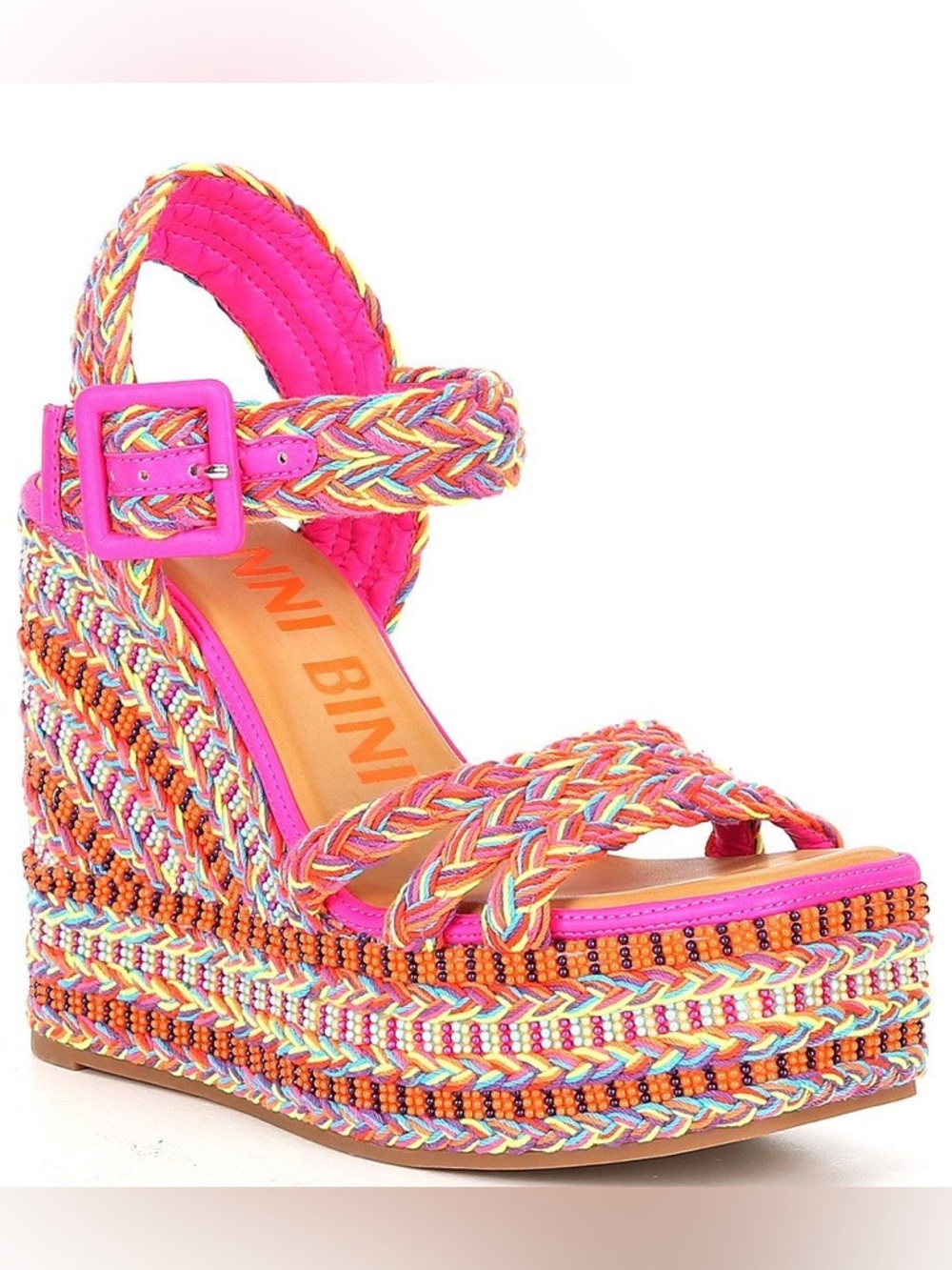 Platform Wedge Sandal - Pink Multicolor Braided Design